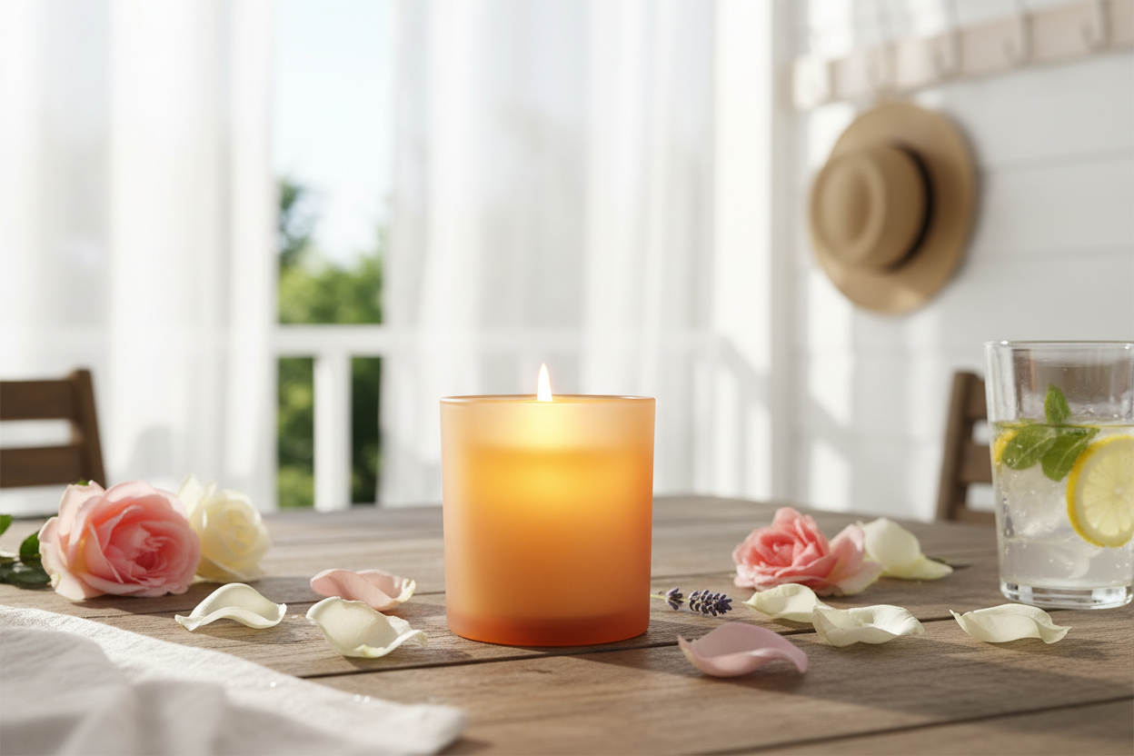 create an iamge with a summery background and a amber candle lit light and airy